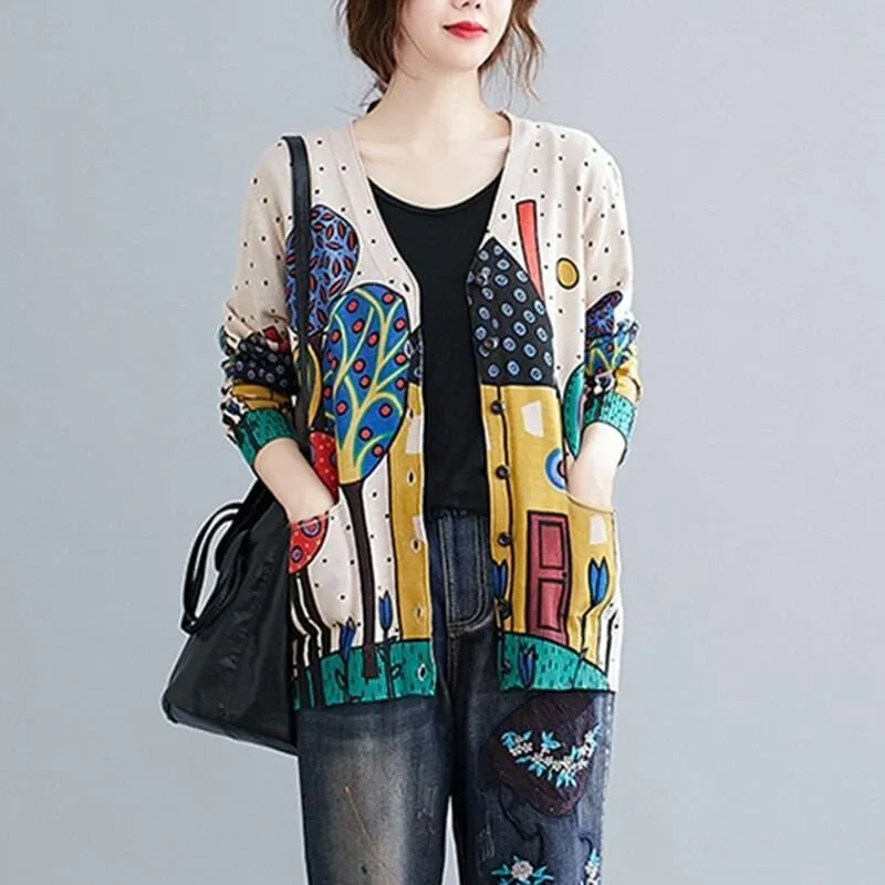 Women  Vintage Style Printed V-neck Loose Cardigan Coats