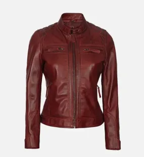 Women's Maroon Quilted Cafe Racer Leather Jacket