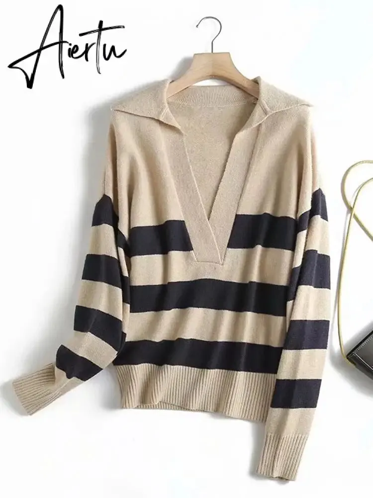 Y2k Autumn Winter Loose Knitted Sweater Jumpers Woman New Vintage Casual Polo Deep V-Neck Striped Pullover Female