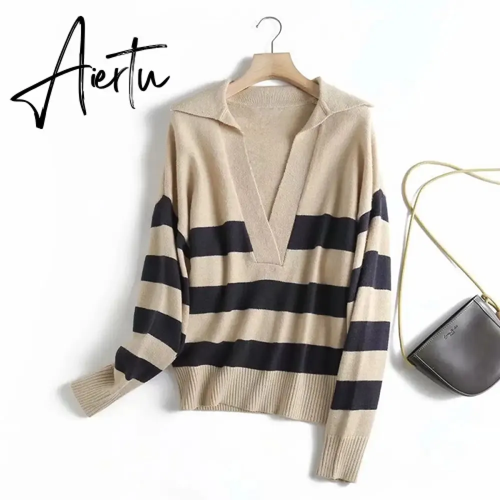 Y2k Autumn Winter Loose Knitted Sweater Jumpers Woman New Vintage Casual Polo Deep V-Neck Striped Pullover Female