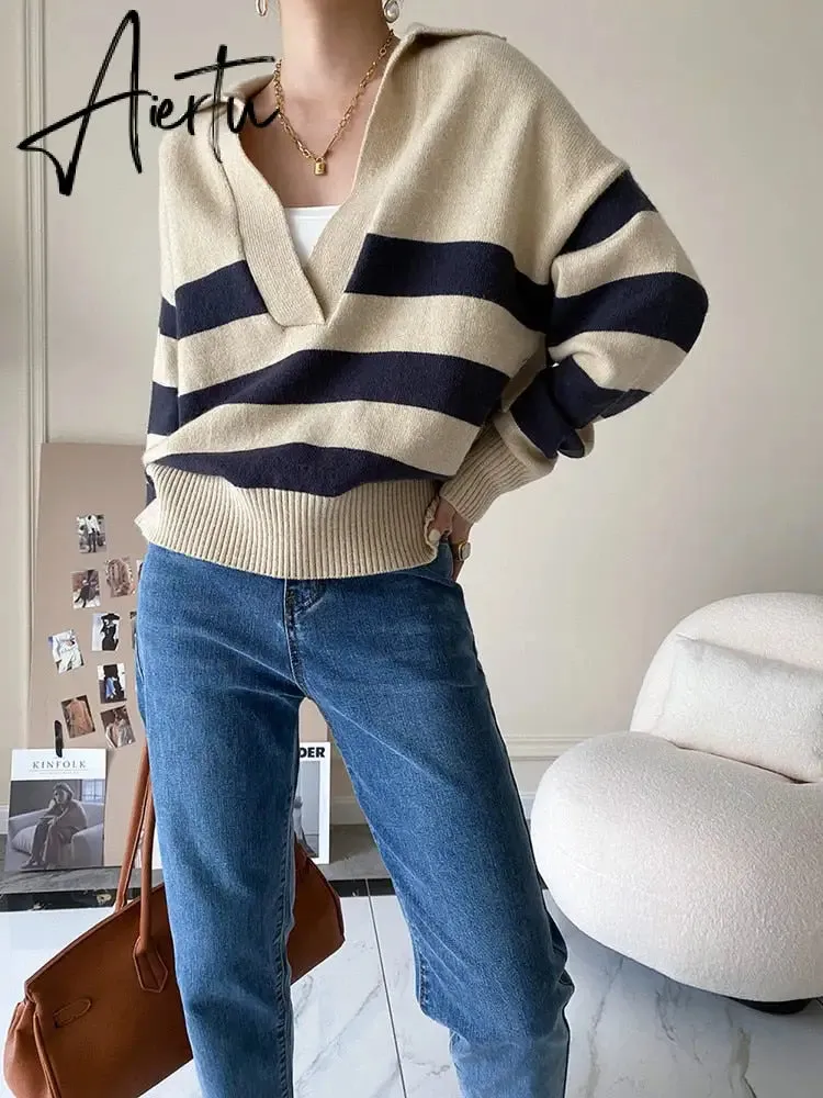 Y2k Autumn Winter Loose Knitted Sweater Jumpers Woman New Vintage Casual Polo Deep V-Neck Striped Pullover Female