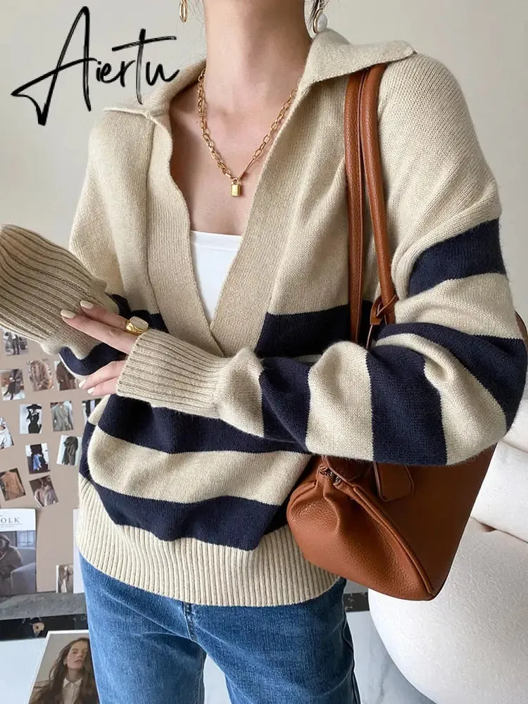 Y2k Autumn Winter Loose Knitted Sweater Jumpers Woman New Vintage Casual Polo Deep V-Neck Striped Pullover Female