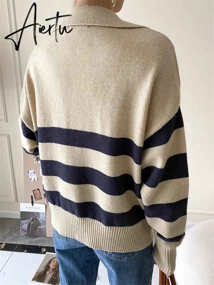 Y2k Autumn Winter Loose Knitted Sweater Jumpers Woman New Vintage Casual Polo Deep V-Neck Striped Pullover Female