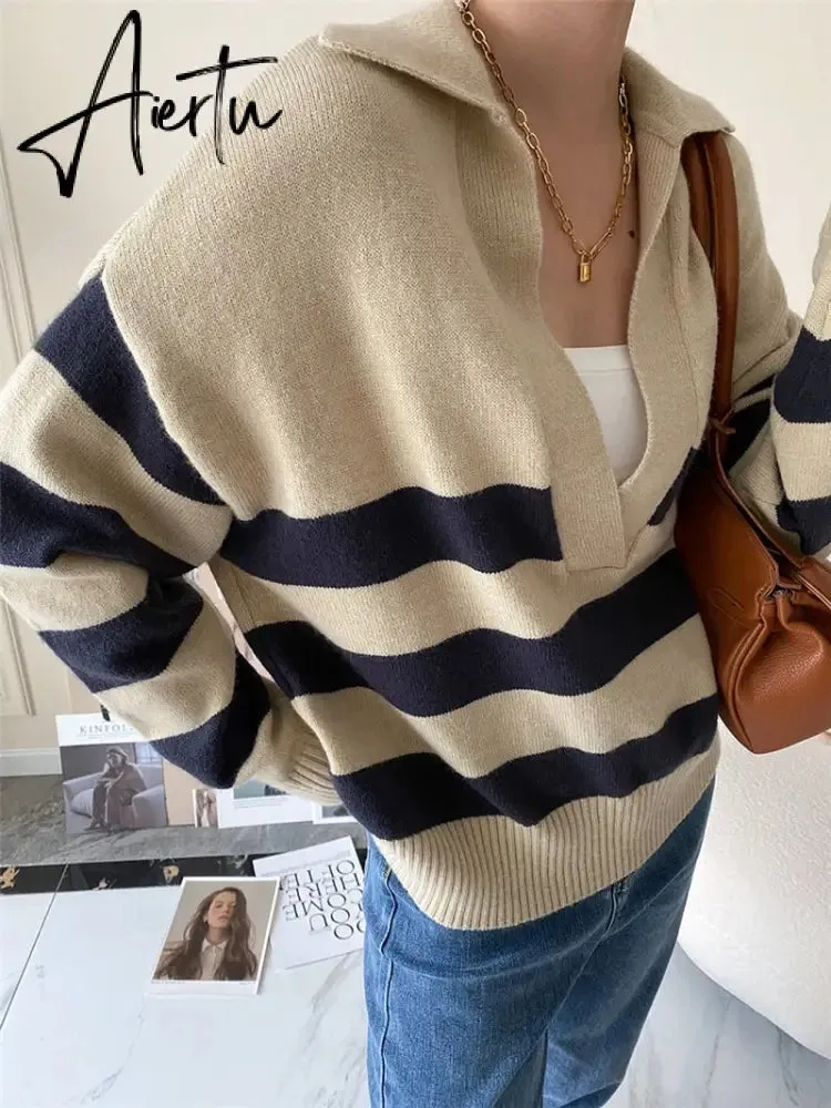 Y2k Autumn Winter Loose Knitted Sweater Jumpers Woman New Vintage Casual Polo Deep V-Neck Striped Pullover Female