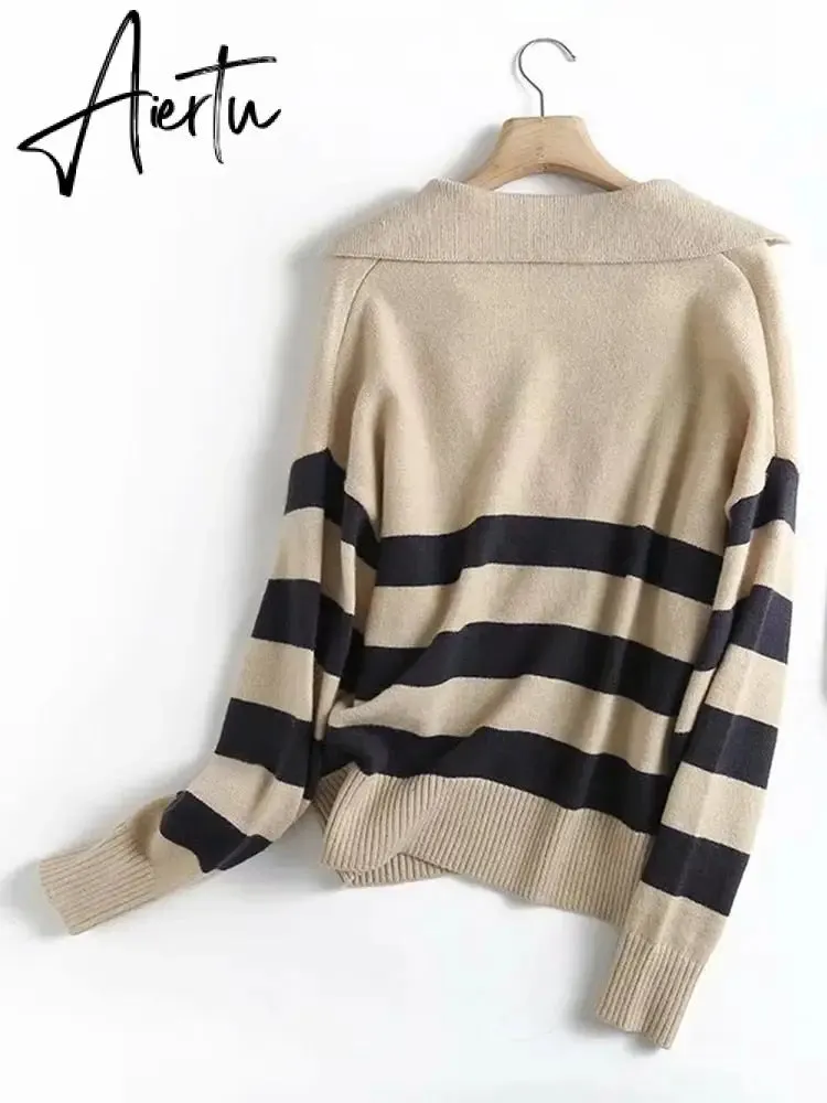 Y2k Autumn Winter Loose Knitted Sweater Jumpers Woman New Vintage Casual Polo Deep V-Neck Striped Pullover Female