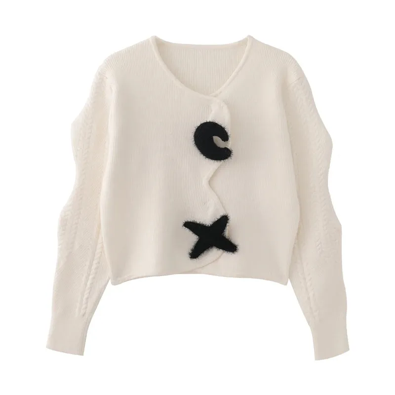 Y2K Moon Star Vintage Cardigans Fashionable Sleeve Women's Autumn Winter Sweaters Short Tops  C-125