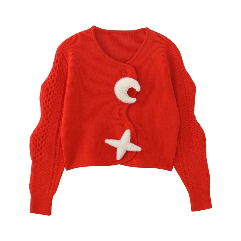 Y2K Moon Star Vintage Cardigans Fashionable Sleeve Women's Autumn Winter Sweaters Short Tops  C-125